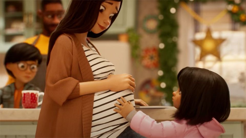 animated young girl holding mother's baby bump with family and christmas decorations in the background in disney christmas advert 2022